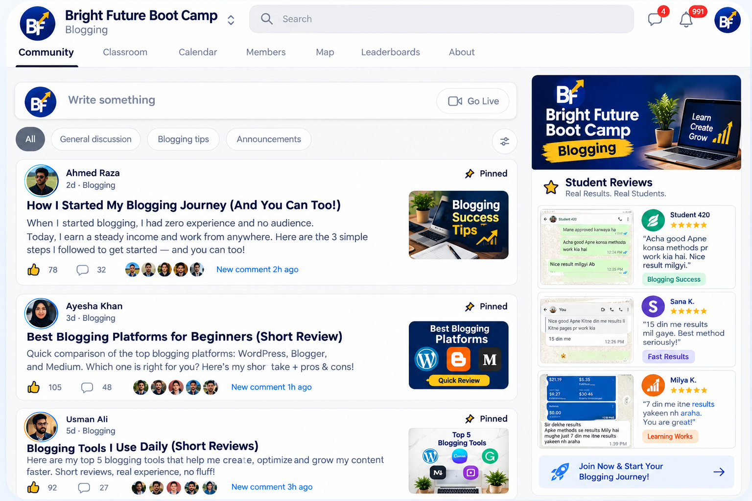 Bright Future Boot Camp community — blogging discussions, classroom and student reviews